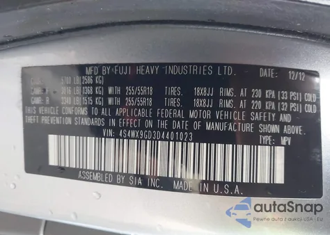 2013 Subaru Tribeca 3.6R Limited z USA, uszkodzony, nr VIN 4S4WX9GD3D4401023